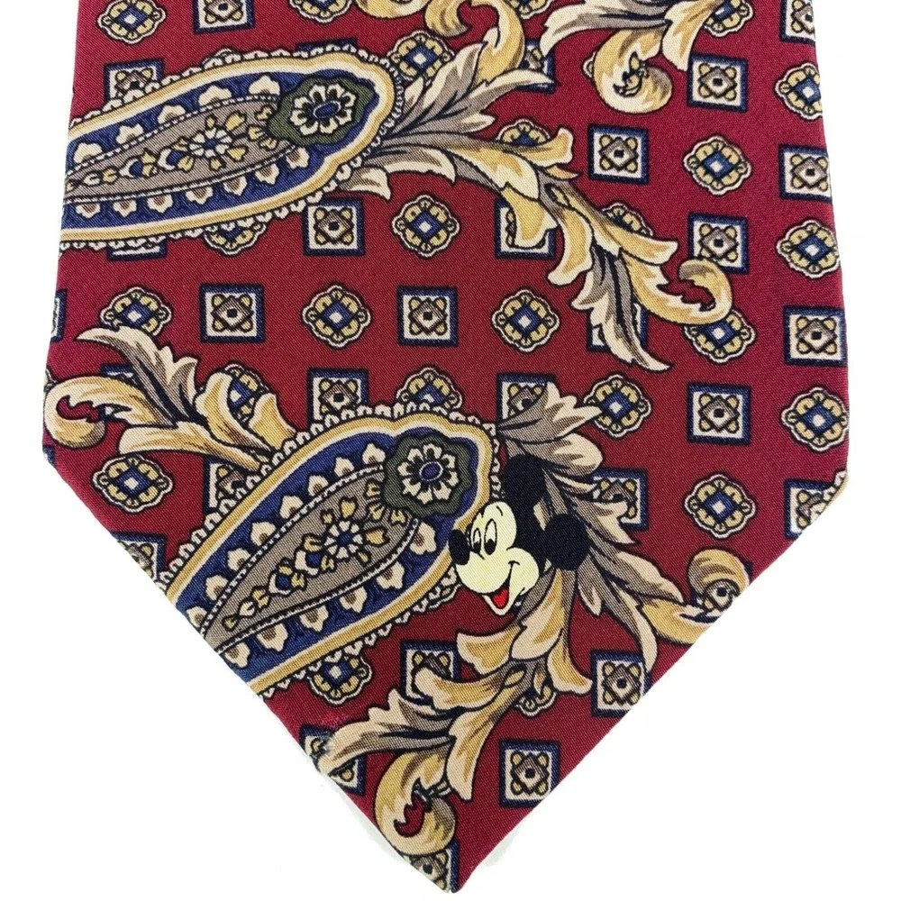 MICKEY INC. Dark Red Geometric Paisley Mickey Mouse Silk Necktie Made In Mexico